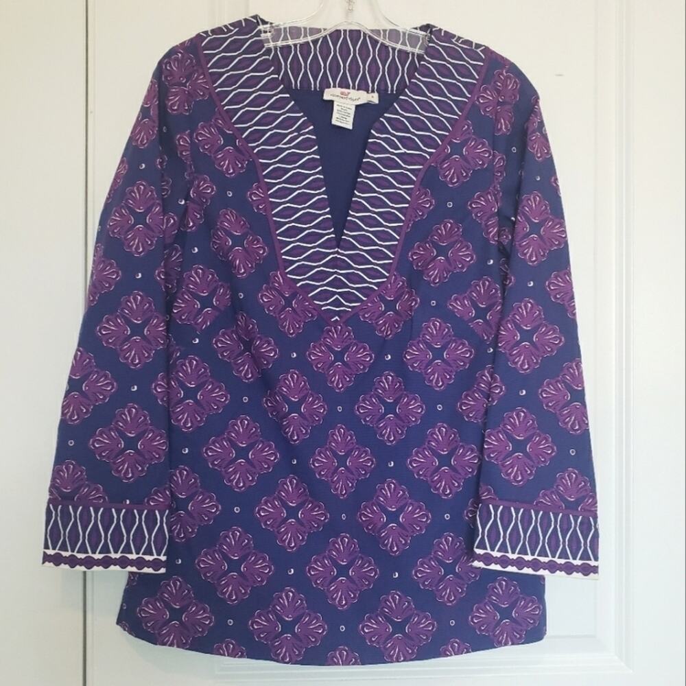 Vineyard Vines Snapdragon Notch Neck Tunic Top Blue Purple Shell 6